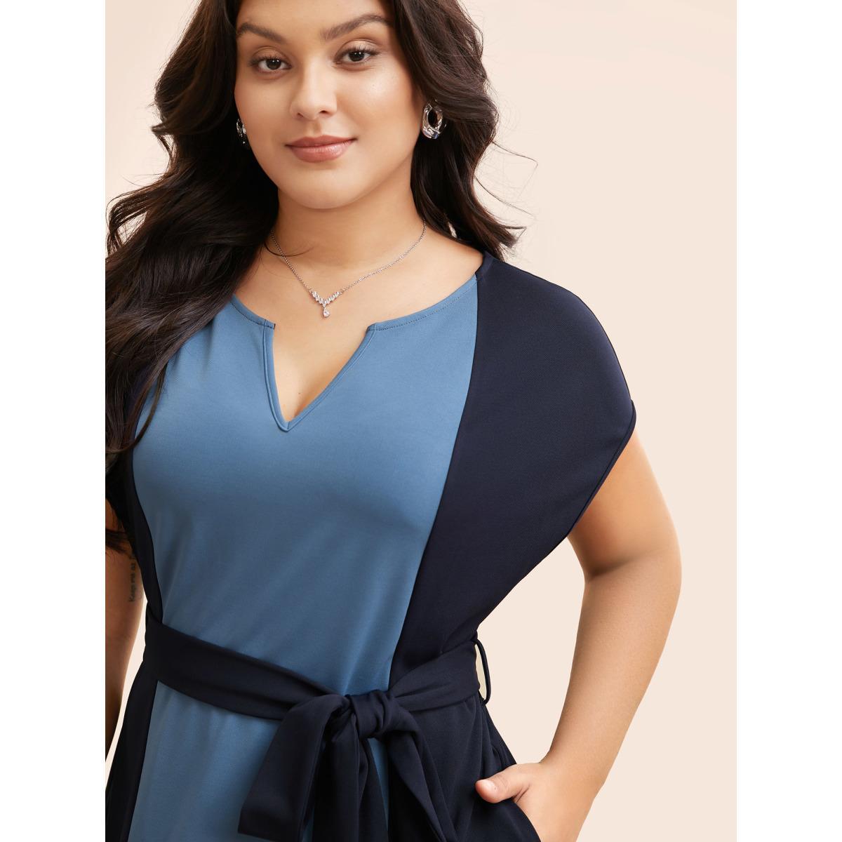 Plus Size Notched Contrast Patchwork Belted Dress Indigo Women At the Office Belted Flat collar with V-notch Cap Sleeve Curvy BloomChic 12/L Product Image