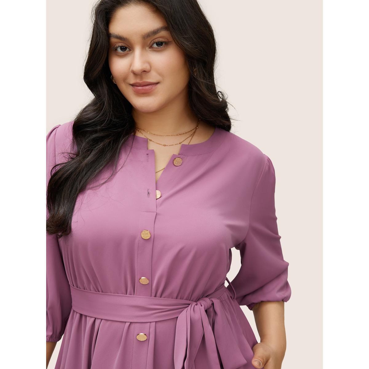 Plus Size Notched Button Through Elastic Waist Belted Dress Mauve Women At the Office Non Notched collar Elbow-length sleeve Curvy Midi Dress BloomChic 30/6X Product Image