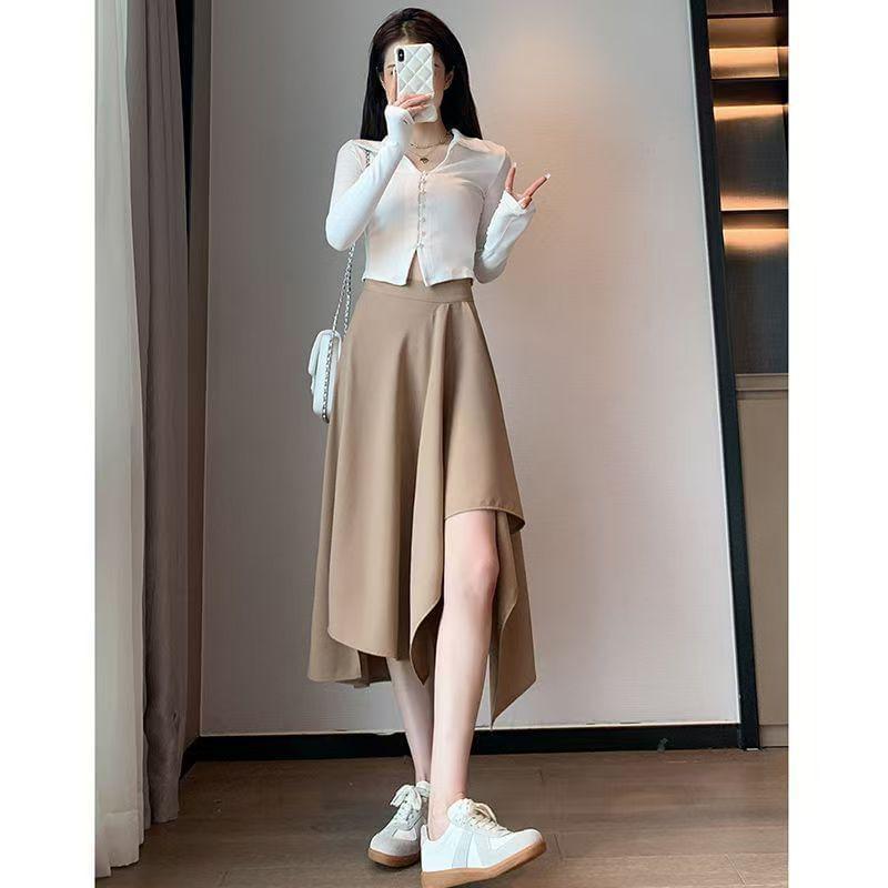 High Rise Plain Asymmetrical Midi A-Line Skirt Product Image