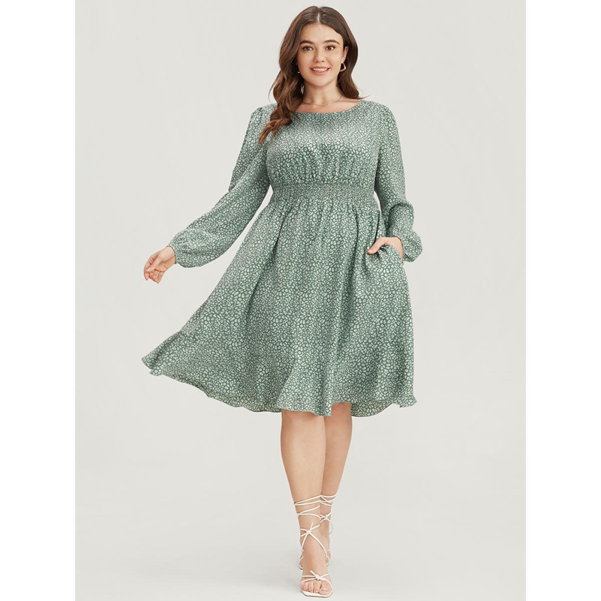 Plus Size Leopard Print Lantern Sleeve Shirred Pocket Flutter Knee Dress Green Women Elegant Elastic Waist Round Neck Long Sleeve Curvy Knee Dress BloomChic 18-20/2X Product Image