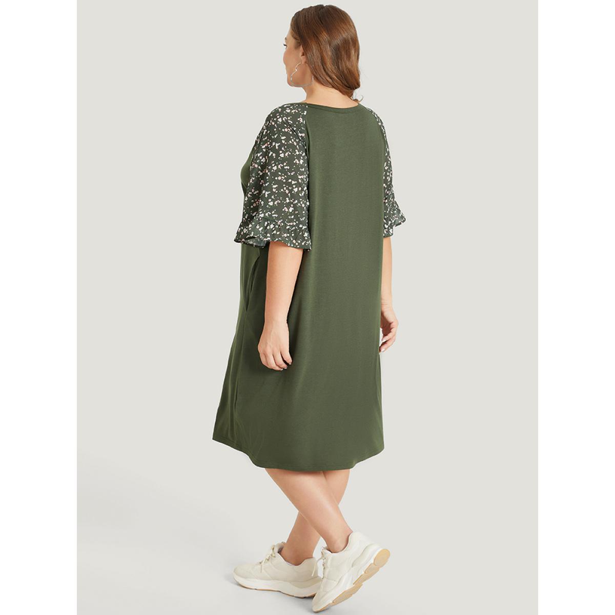 Plus Size Ditsy Floral Ruffle Trim Raglan Sleeve Pocket Dress ArmyGreen Women Casual Contrast V-neck Half Sleeve Curvy Knee Dress BloomChic 22-24/3X Product Image