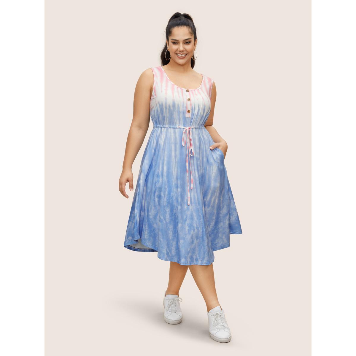 Plus Size Tie Dye Round Neck Drawstring Pleated Dress MistyRose Women Casual Drawstring Round Neck Sleeveless Curvy BloomChic 12/L Product Image