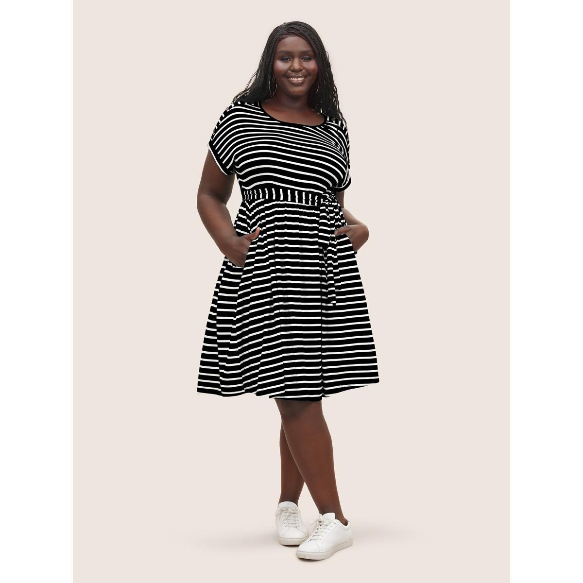 Plus Size Supersoft Essentials Striped Dolman Sleeve Belted Dress Black Women Casual Non Round Neck Short sleeve Curvy Midi Dress BloomChic 28/5X Product Image