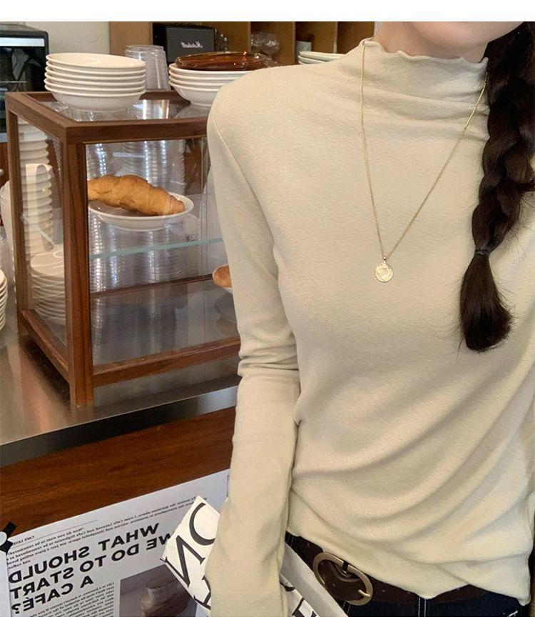 Long-Sleeve Mock Neck Frill Trim Plain T-Shirt Product Image