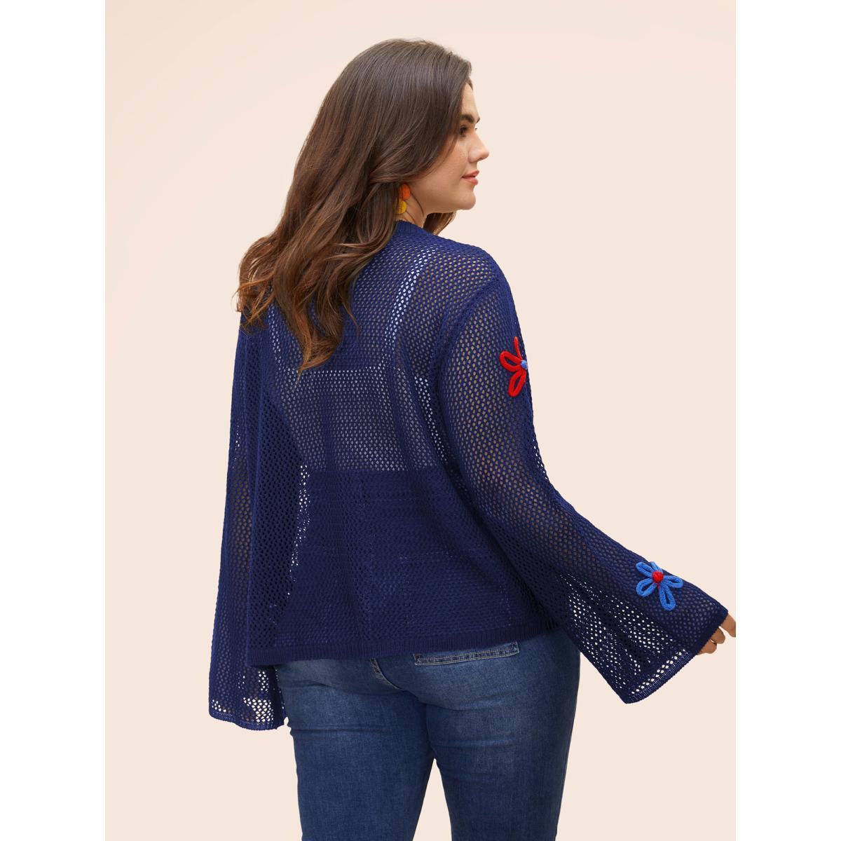 Plus Size Knit Floral Front Tie Cardigan Indigo Women Casual Loose Long Sleeve Everyday Cardigans BloomChic 18-20/2X Product Image