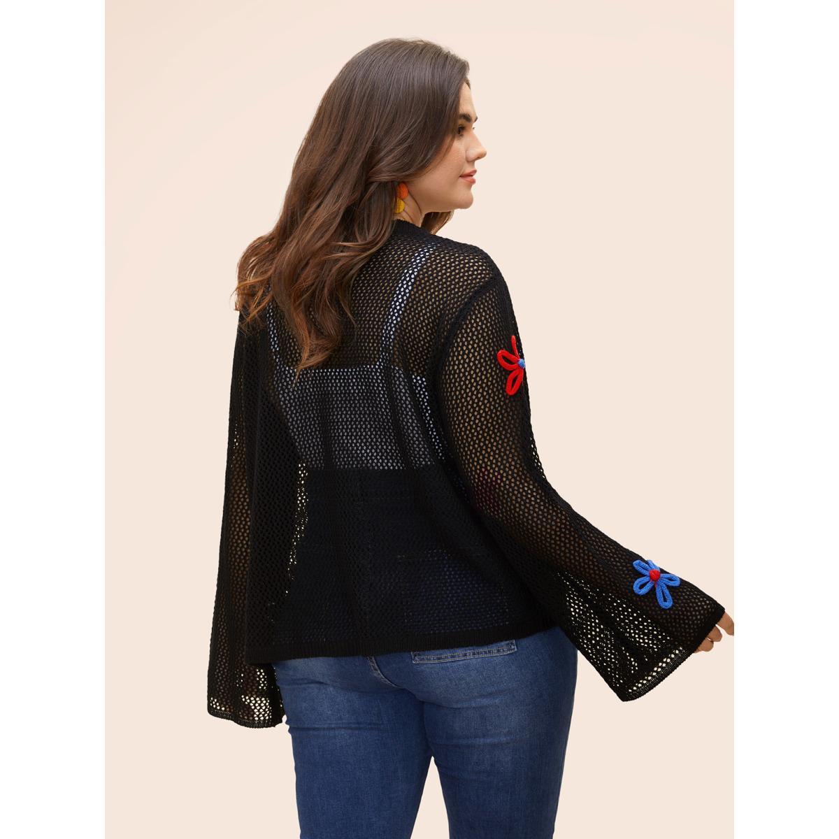 Plus Size Knit Floral Front Tie Cardigan Black Women Casual Loose Long Sleeve Everyday Cardigans BloomChic 28/5X Product Image