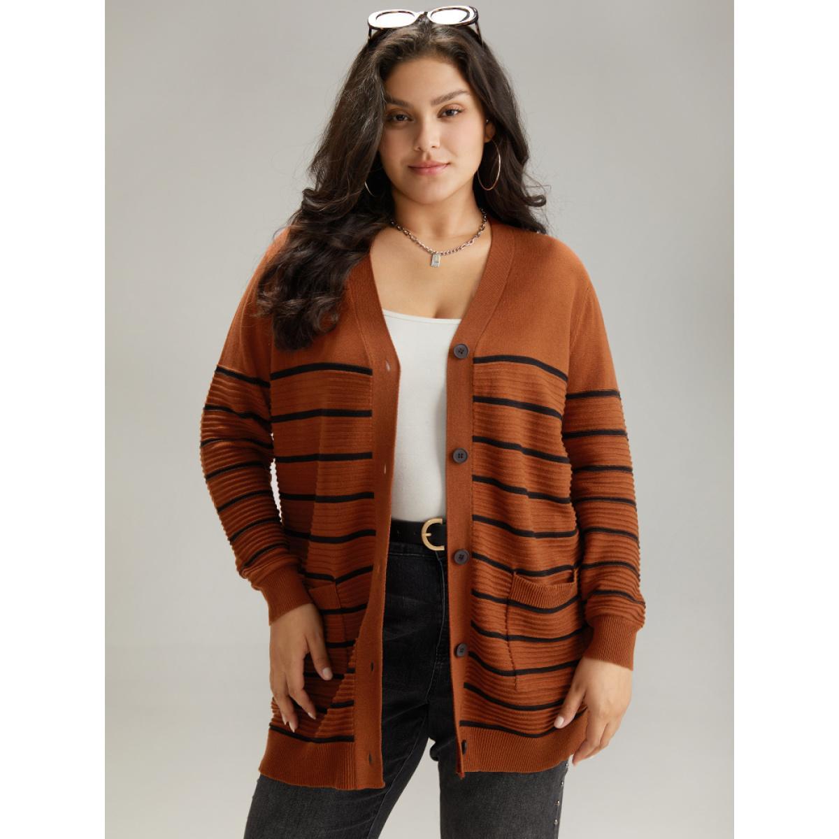 Plus Size Striped Button Down Patched Pocket Cardigan Rust Women Casual Loose Long Sleeve Everyday Cardigans BloomChic 22-24/3X Product Image