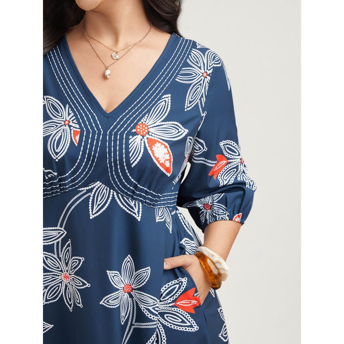 Plus Size Boho Floral Arc Neck Waist-Cinched Dress DarkBlue Women Resort Gathered V-neck Elbow-length sleeve Curvy BloomChic 12/L Product Image