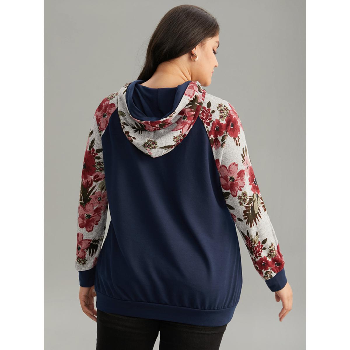 Plus Size Floral Patchwork Raglan Sleeve Kangaroo Pocket Sweatshirt Women Indigo Casual Printed Hooded Dailywear Sweatshirts BloomChic 14-16/1X Product Image