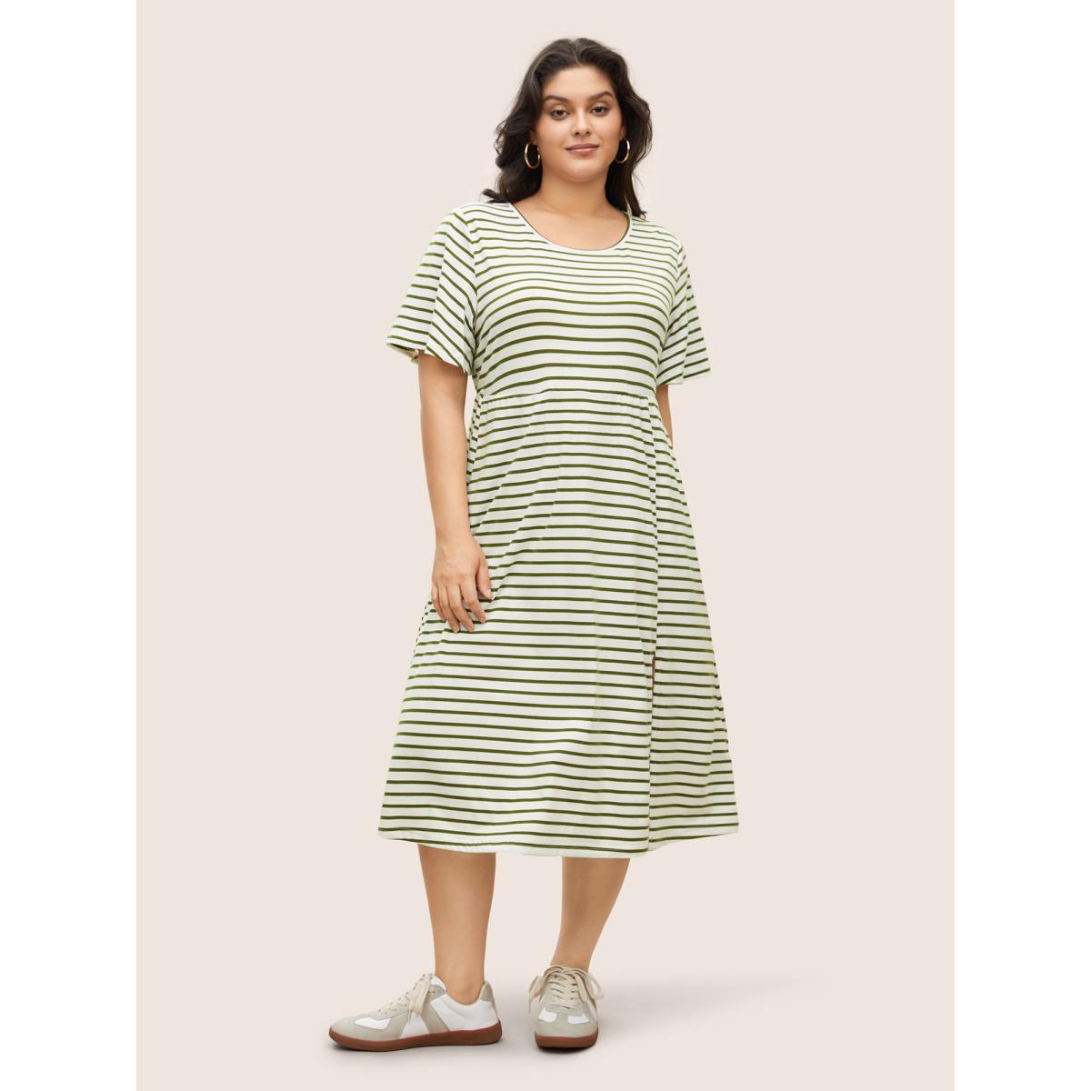 Plus Size Stripes Round Neck Split Side Pocket Dress Moss Women Casual Slit Round Neck Short sleeve Curvy Midi Dress BloomChic 28/5X Product Image