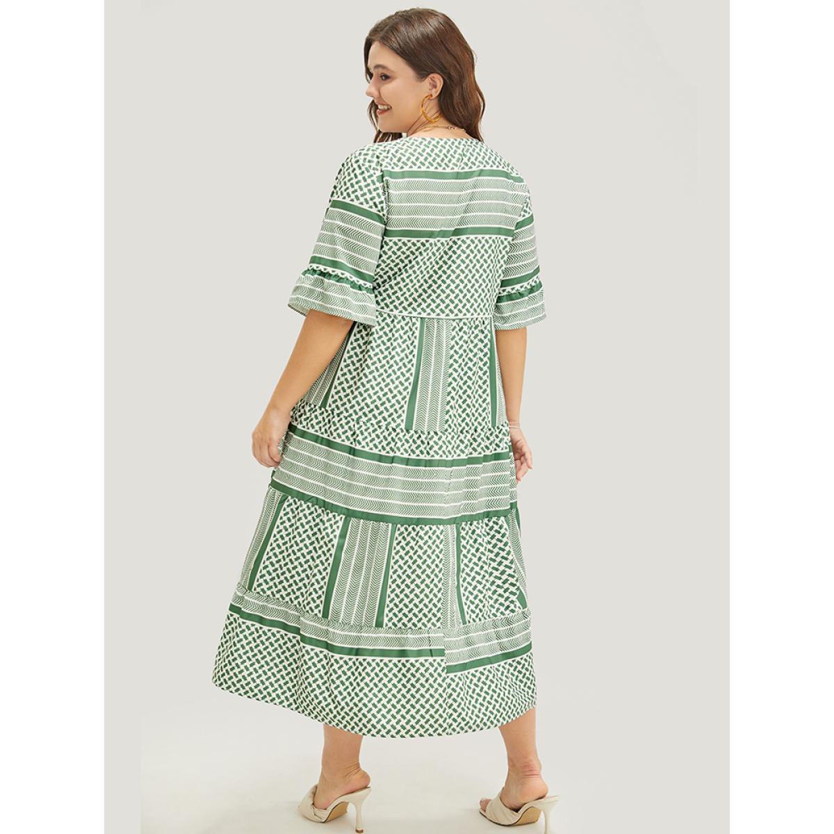 Plus Size Striped Geometric Ruffle Sleeve Patchwork Pocket Flutter Dress Mint Women Vacation Patchwork V-neck Elbow-length sleeve Curvy Midi Dress BloomChic 30/6X Product Image