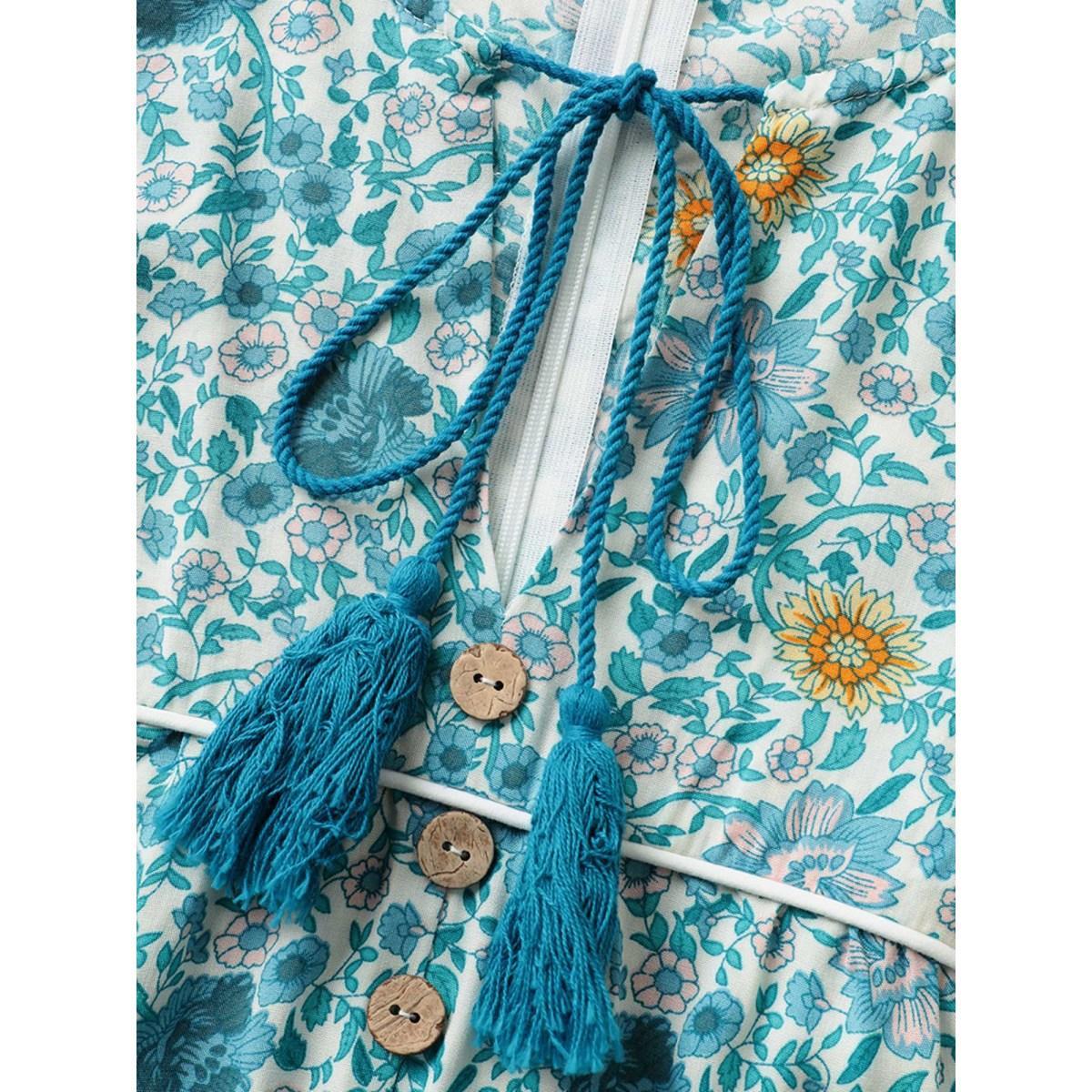Plus Size Teal Ditsy Floral Button Detail Ties Tassel Trim Jumpsuit Women Resort Sleeveless V-neck Vacation Loose Jumpsuits BloomChic 14-16/1X Product Image