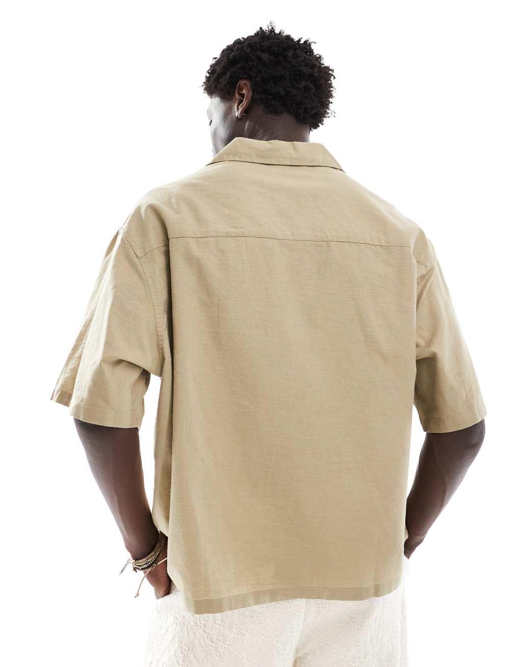ASOS DESIGN boxy oversized linen blend shirt with camp collar in dark sand Product Image