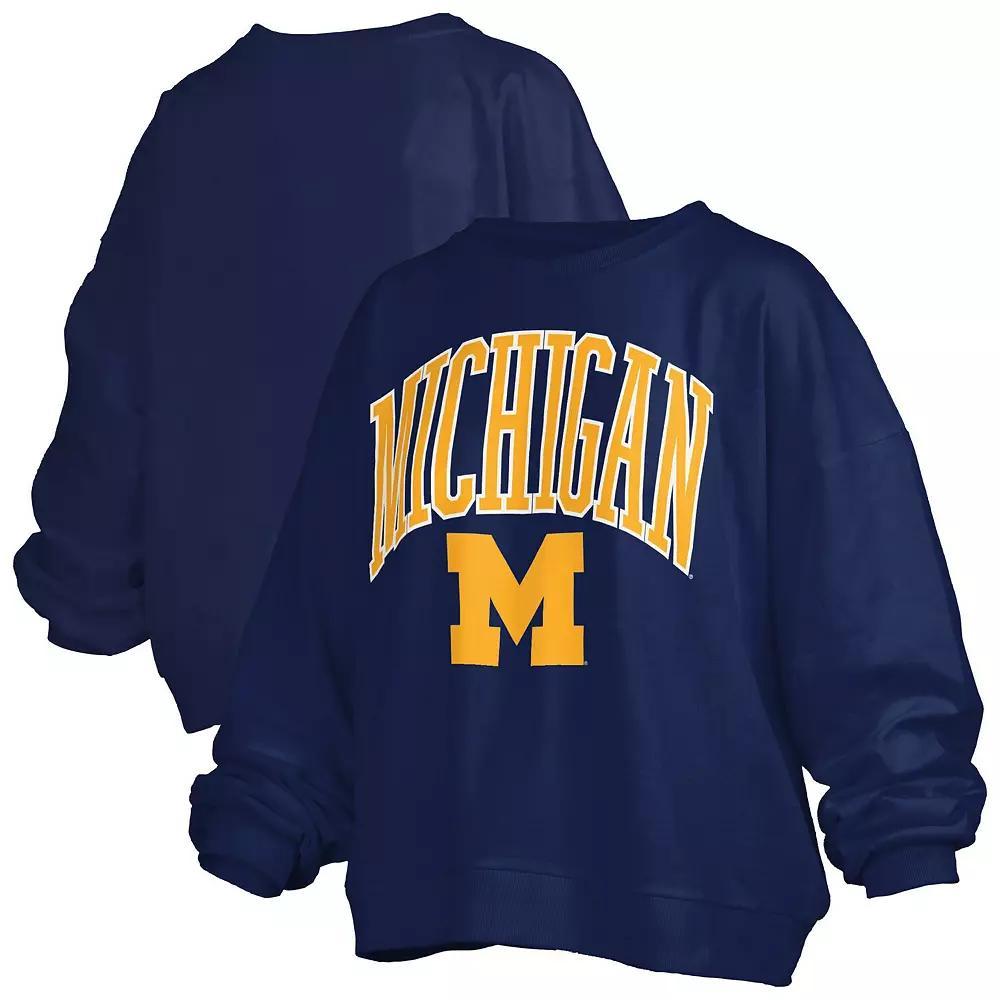 Women's Pressbox Navy Michigan Wolverines Janise Arch Over Logo Waist Length Oversized Pullover Sweatshirt, Size: 2XL, Blue Product Image