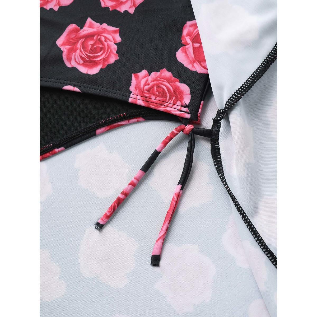 Plus Size Anti-Float Tie Rosy Print Swim Dress Women's Swimwear Black Beach Bodycon Overlap Collar High stretch Curve Swim Dresses BloomChic 18-20/2X Product Image