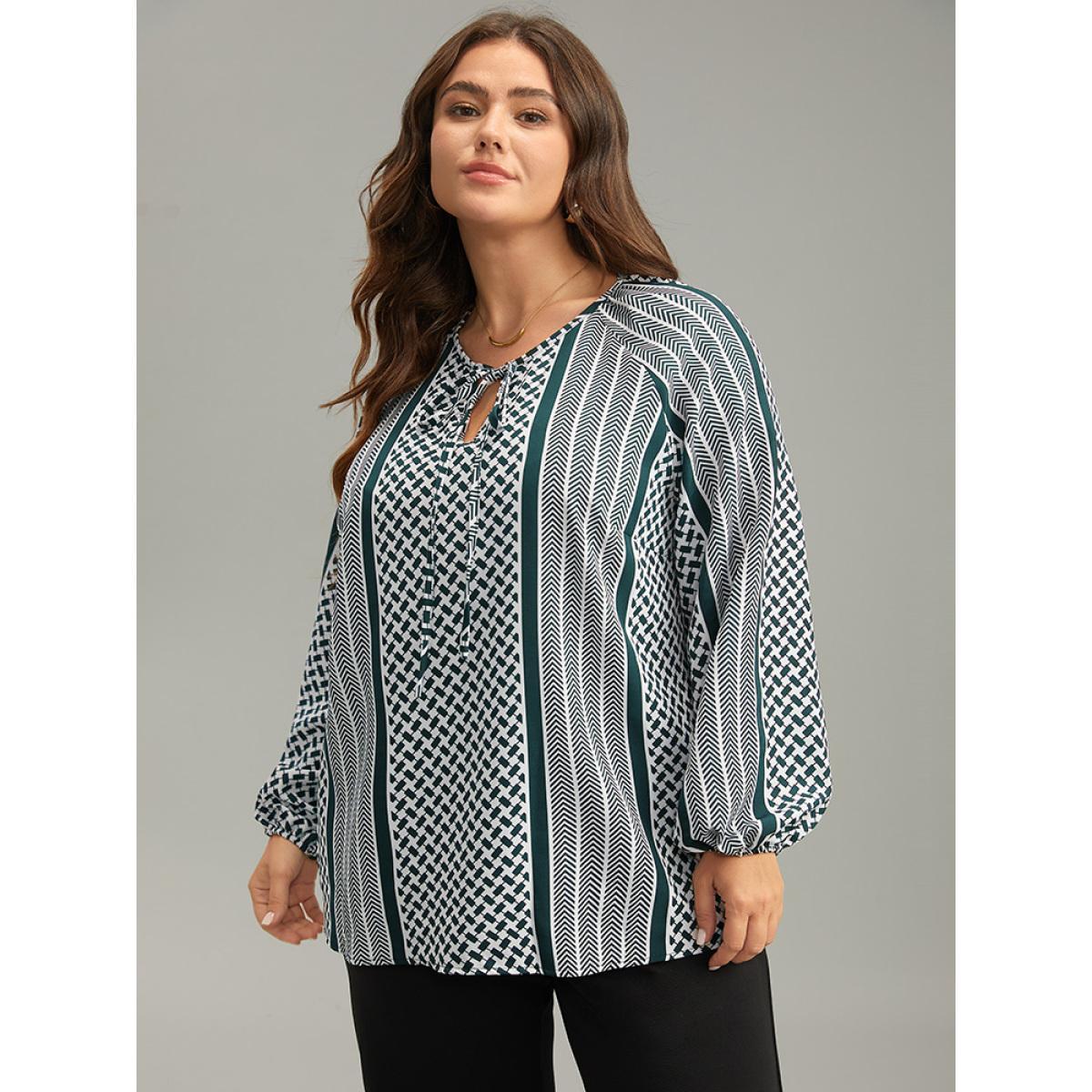 Plus Size Teal Geo Striped Tie Lantern Sleeve Blouse Women Resort Long Sleeve Tie Neck Vacation Blouses BloomChic 12/L Product Image