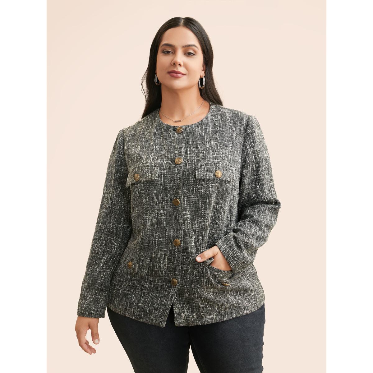 Plus Size Tweed Button Up Flap Pocket Jacket Women Black Button Open pocket with flap Everyday Jackets BloomChic 18-20/2X Product Image