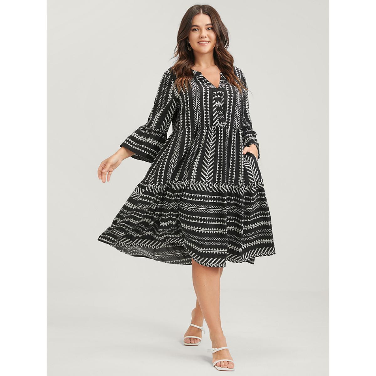 Plus Size Bloom Dress -Geometric Pocket Ruffles V Neck Knee Dress Black Women Vacation Pocket V-neck Elbow-length sleeve Curvy Knee Dress BloomChic 30/6X Product Image
