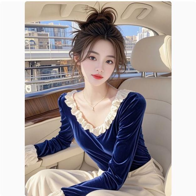 Long-Sleeve V-Neck Frill Trim Velvet Top Product Image