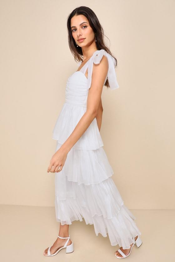 Radiant Arrival Shiny White Organza Tiered Tie-Strap Maxi Dress Product Image