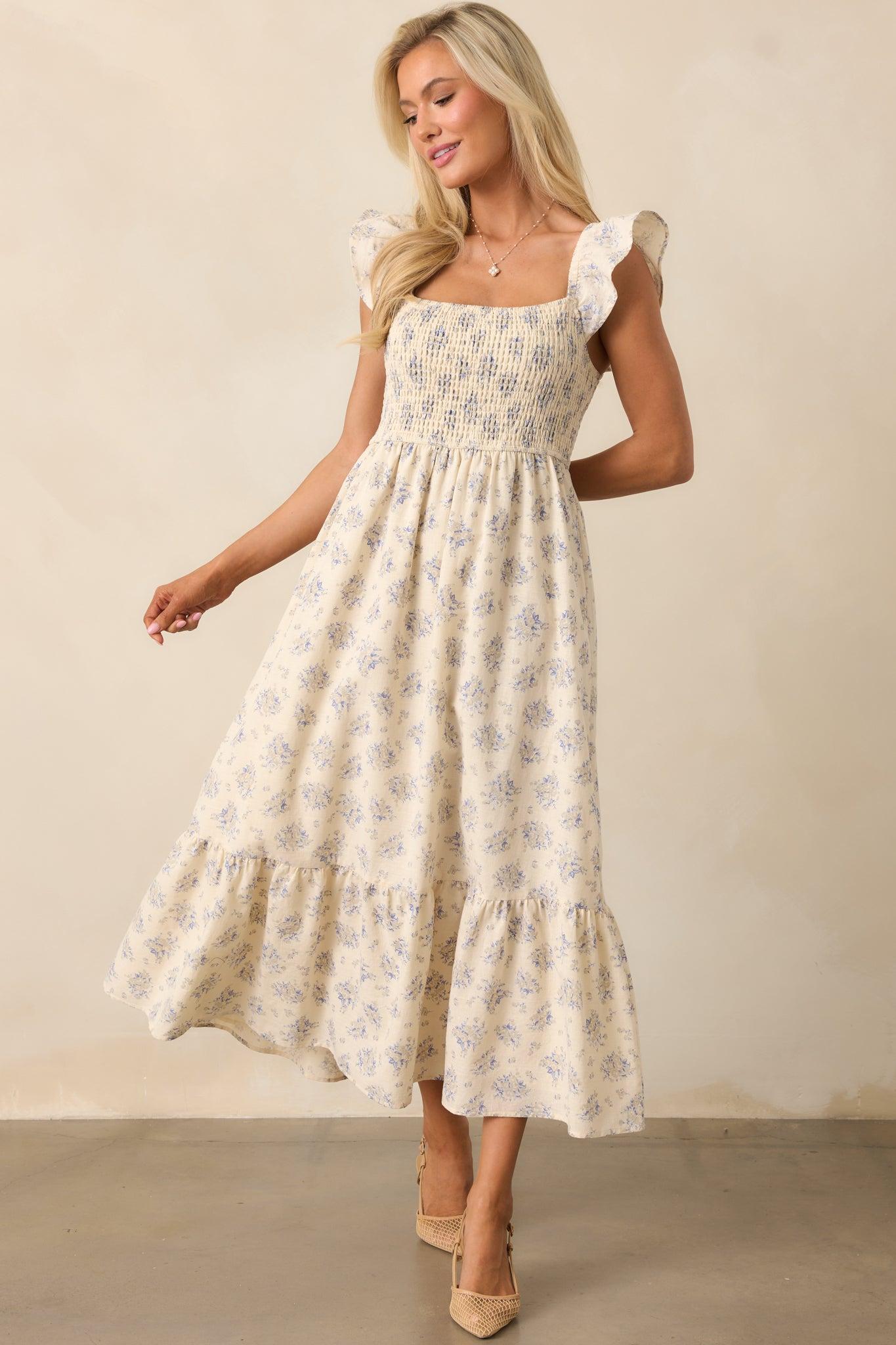Blooming Brunch Cotton Beige Floral Flutter Sleeve Maxi Dress Product Image