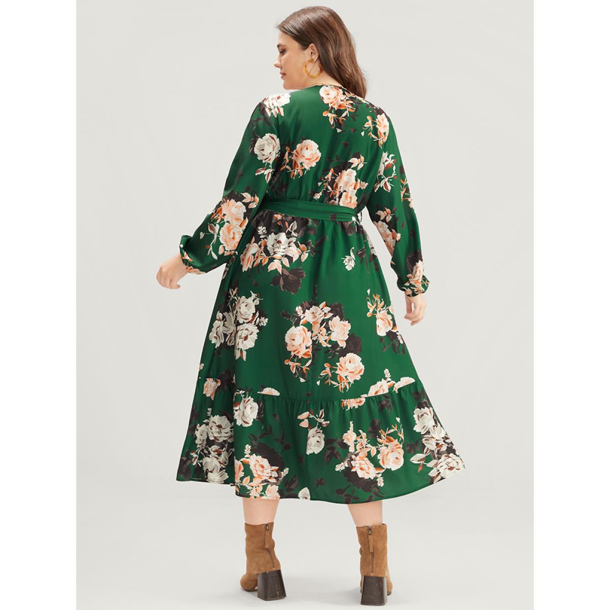 Plus Size Floral Print Lantern Sleeve Button Detail Pocket Belted Dress Moss Women Elegant Elastic Waist V-neck Long Sleeve Curvy Midi Dress BloomChic 14-16/1X Product Image
