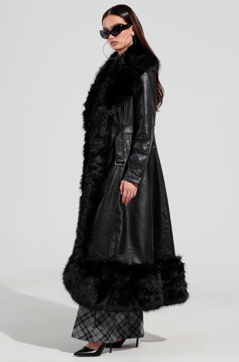 VIVAN LONG PU TRENCH WITH FAUX FUR TRIM Product Image