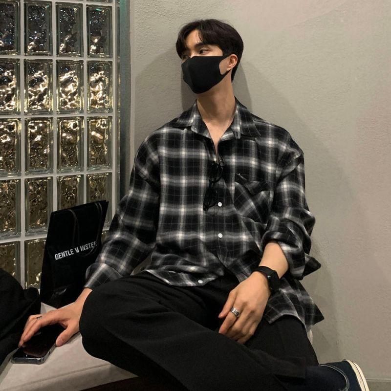 Long-Sleeve Plaid Pocket Detail Shirt Product Image