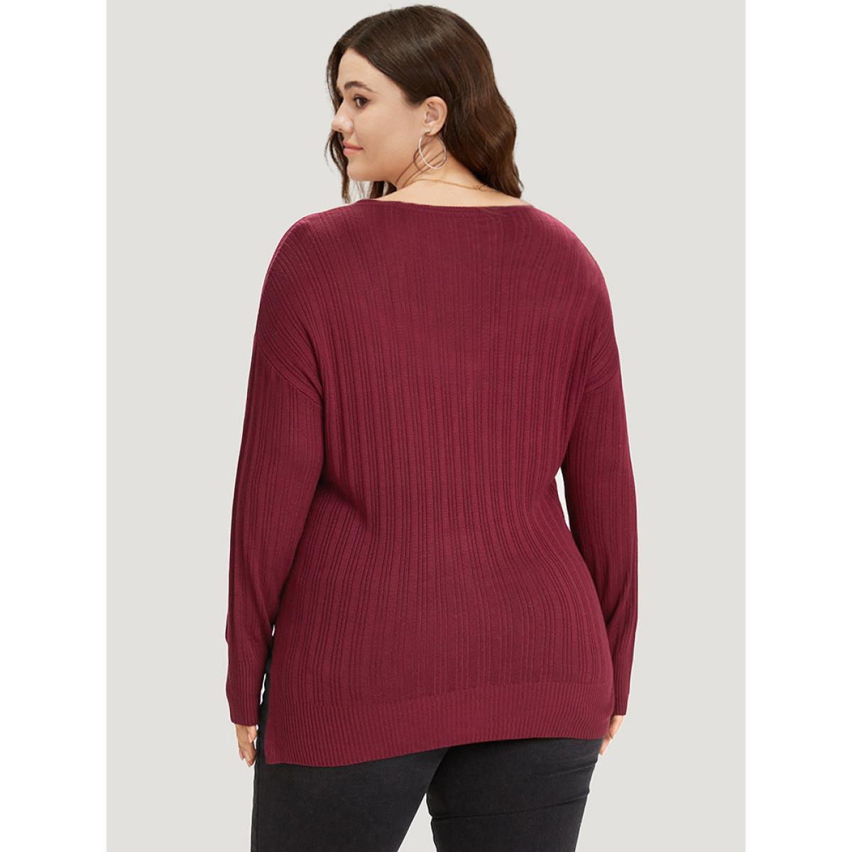 Plus Size Supersoft Essentials Plain Rib Knit Split Side Pullover Burgundy Women Casual Bodycon Long Sleeve Round Neck Dailywear Pullovers BloomChic 30/6X Product Image