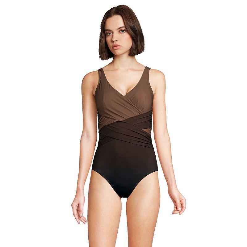Women's Lands' End SlenderSuit Tummy Control Surplice One-Piece Swimsuit, Size: 12 LONG, Purple Navy Ombre Product Image