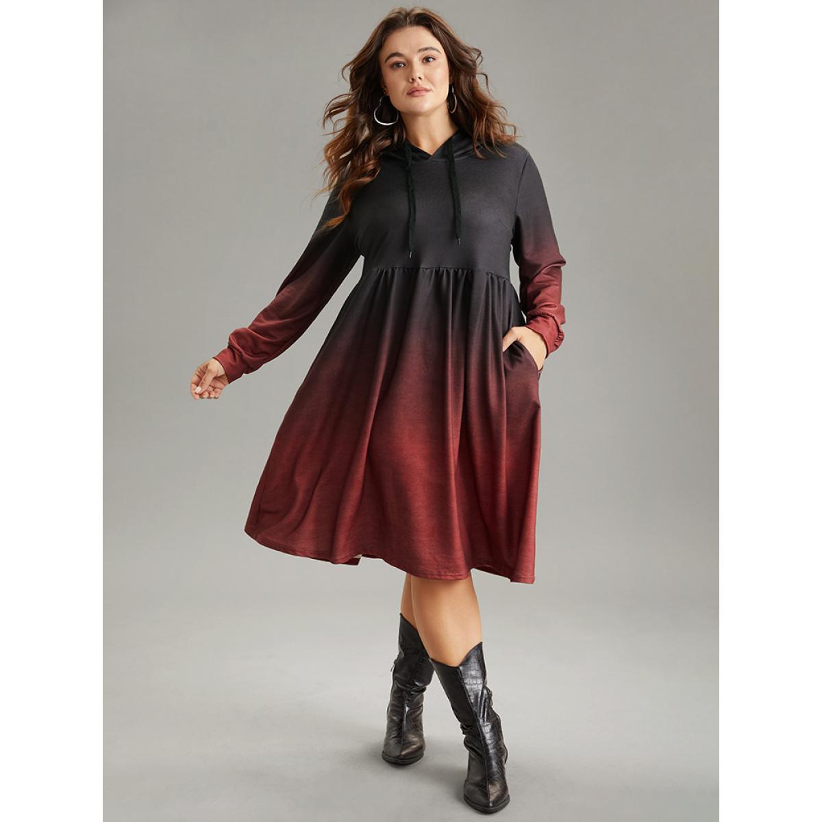 Plus Size Ombre Elastic Waist Drawstring Hooded Dress Scarlet Women Casual Printed Hooded Long Sleeve Curvy Midi Dress BloomChic 30/6X Product Image