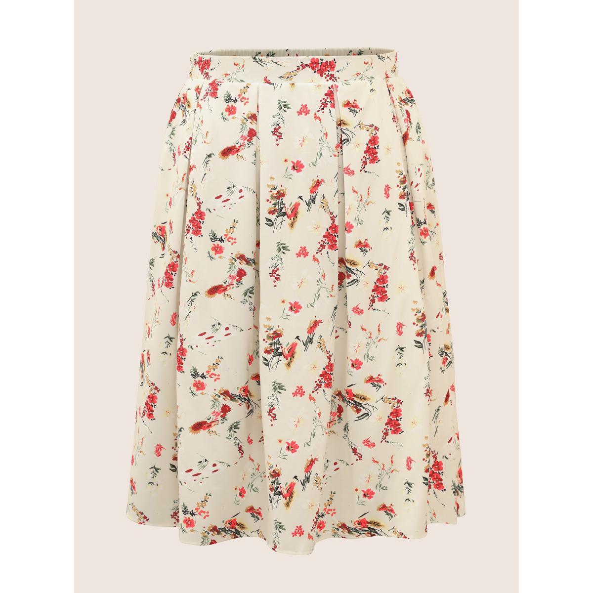 Plus Size Floral Print Pleated Elastic Waist Skirt Women Beige Elegant Pleated No stretch Everyday Skirts BloomChic 30/6X Product Image