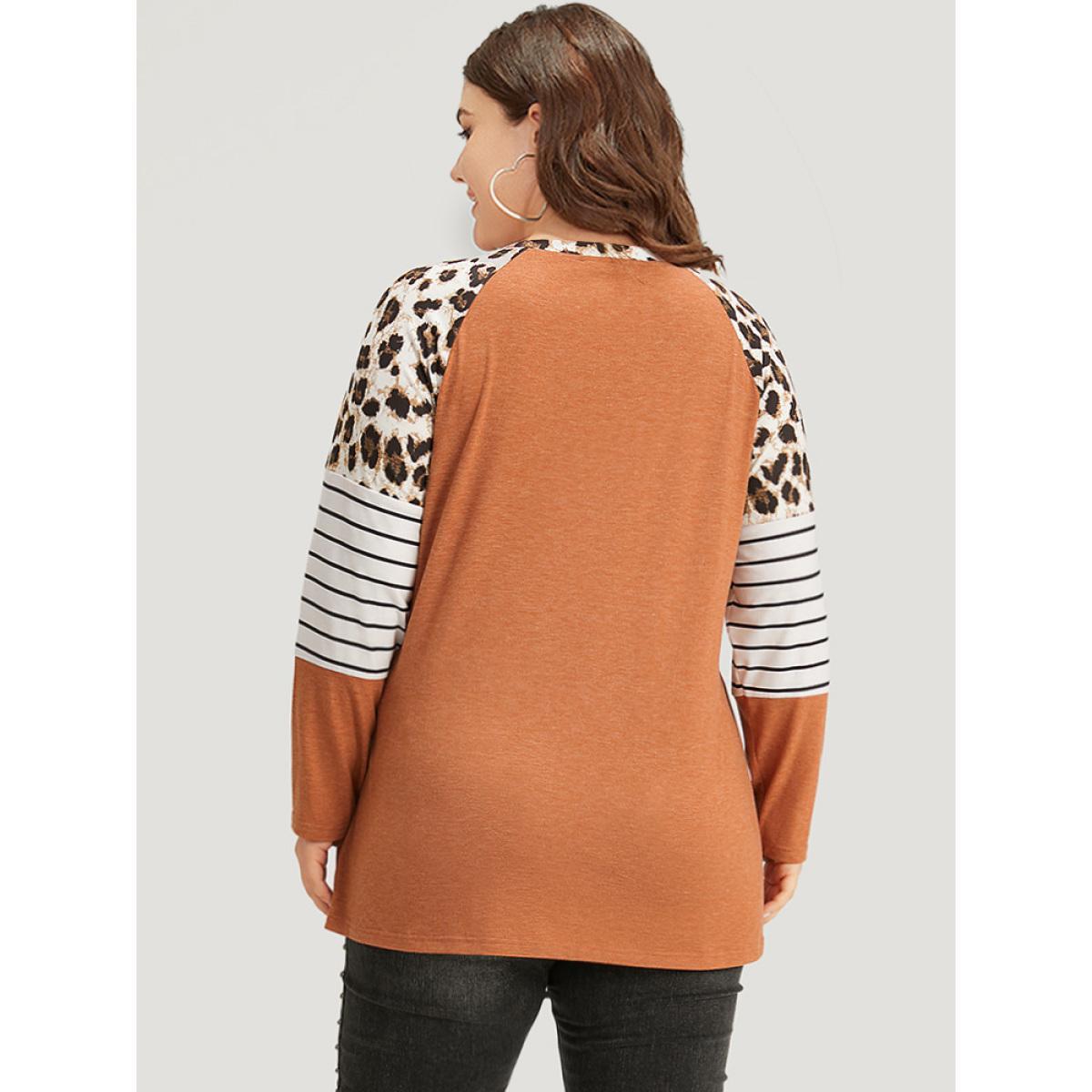 Plus Size Striped Patchwork Leopard Print Crew Neck T-shirt Chocolate Women Casual Contrast Leopard Round Neck Dailywear T-shirts BloomChic 10/M Product Image