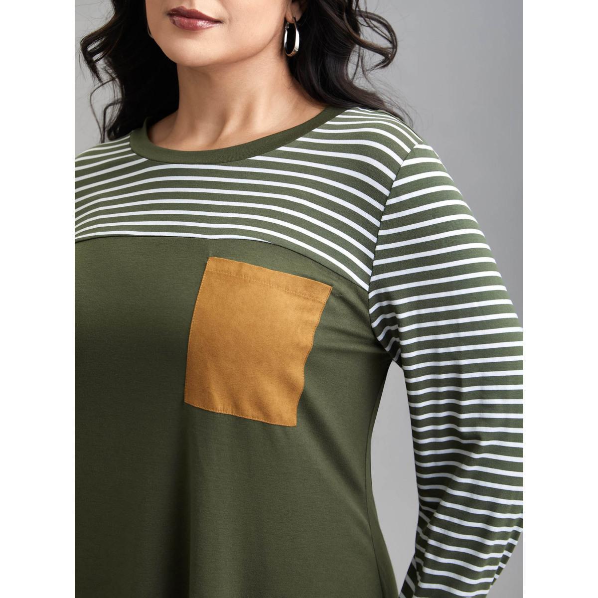Plus Size Solid and Striped Flared Midi Dress ArmyGreen Women Casual Patchwork Knit Dresses Bloomchic 26/4X Product Image