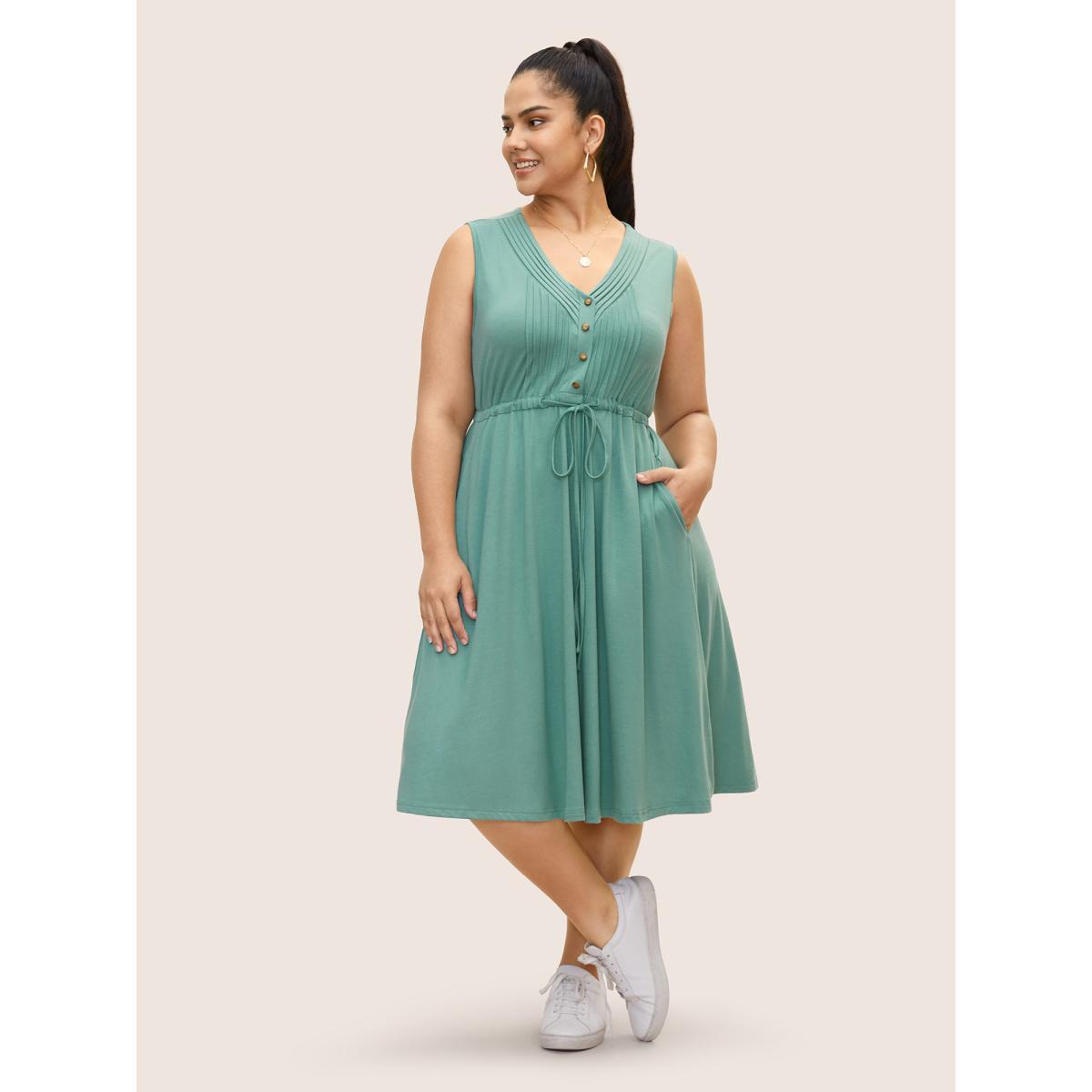 Plus Size V Neck Drawstring Button Detail Pleated Dress Mint Women Casual Pleated V-neck Sleeveless Curvy BloomChic 28/5X Product Image