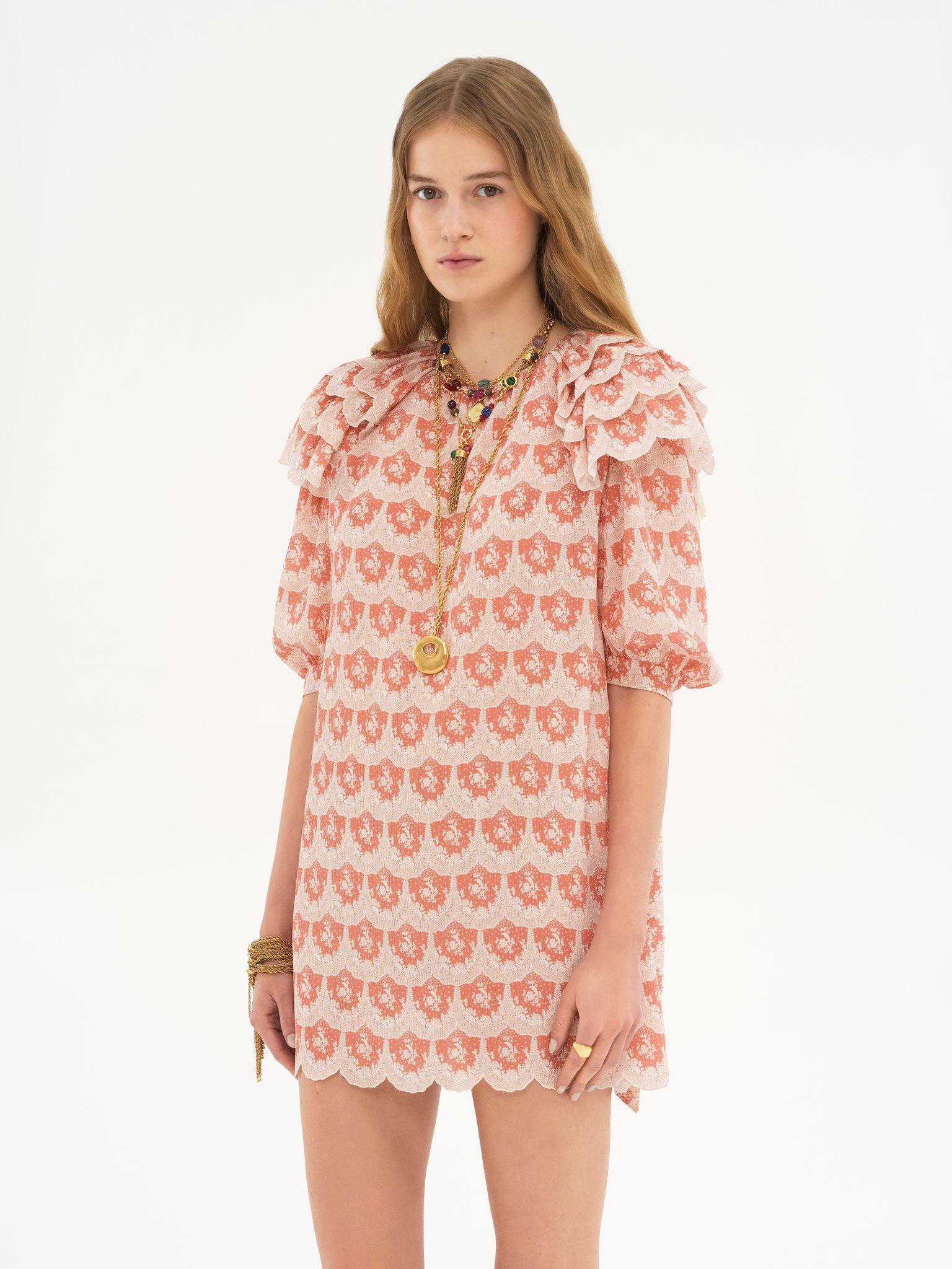 Puff-sleeve mini dress in silk crêpon Product Image