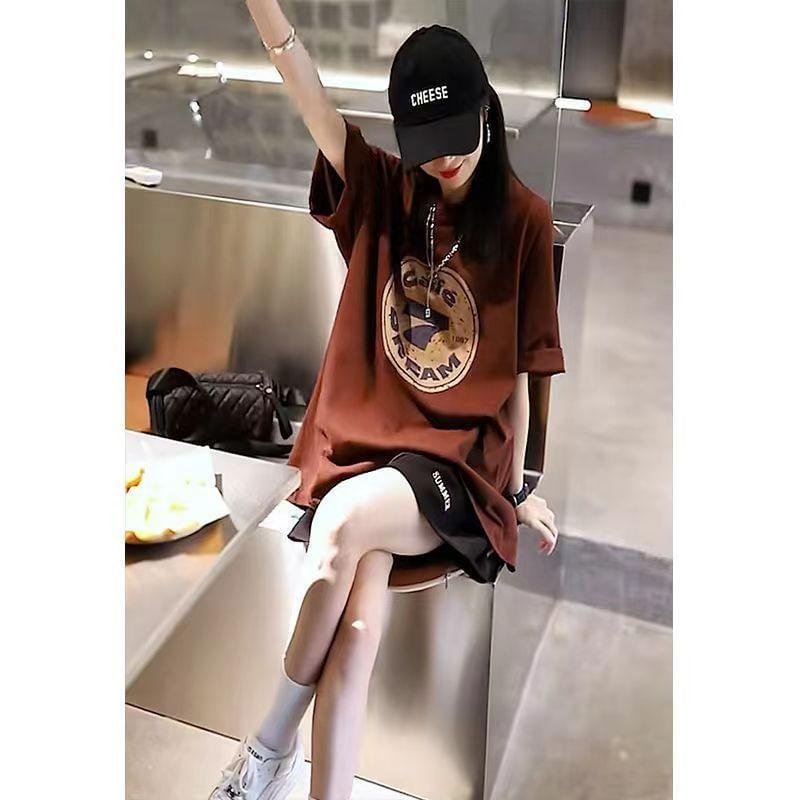 Set: Short-Sleeve Crew Neck Lettering Tee + Sweat Shorts Product Image