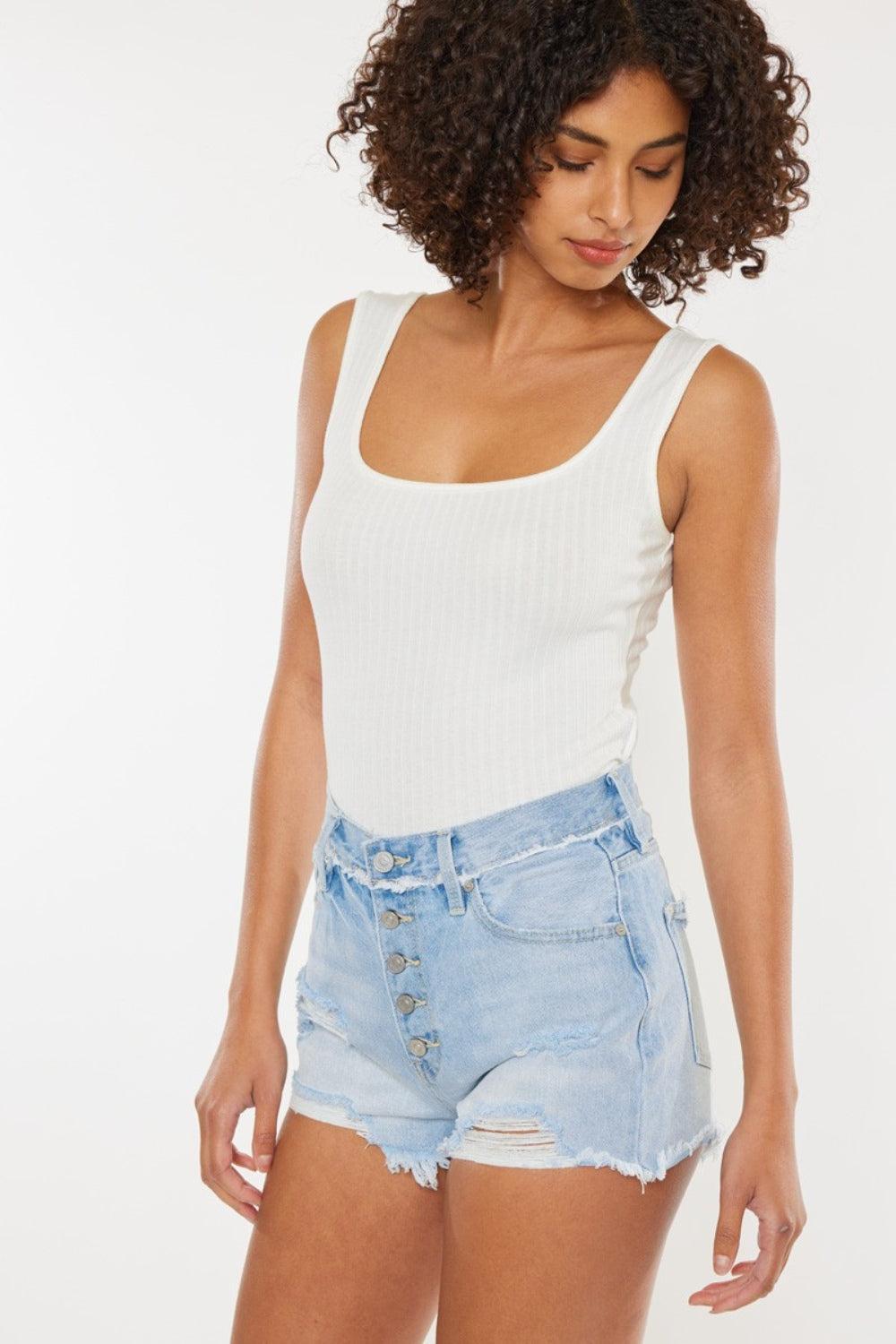Kancan Distressed Button Fly Denim Shorts Product Image