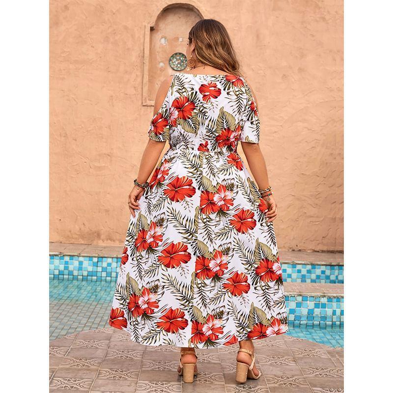 Plus Size Short Sleeve V-Neck Floral Print Maxi Dress Product Image