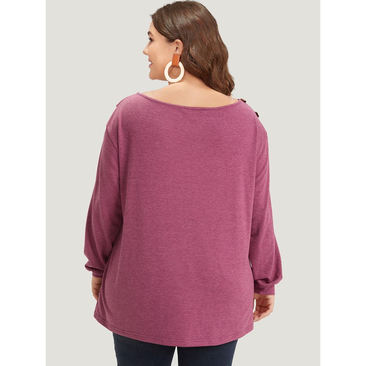Plus Size Plain Elastic Cuffs Button Detail Asymmetrical Neck Sweatshirt Women RedViolet Elegant Elastic cuffs Round Neck Dailywear Sweatshirts BloomChic 22-24/3X Product Image