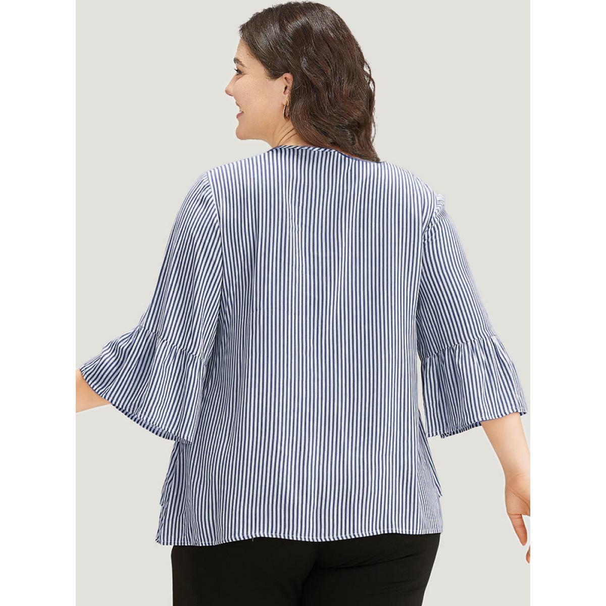 Plus Size Navy Striped Button Up Ruffles Bell Sleeve Blouse Women Office Elbow-length sleeve V-neck Work Blouses BloomChic 12/L Product Image