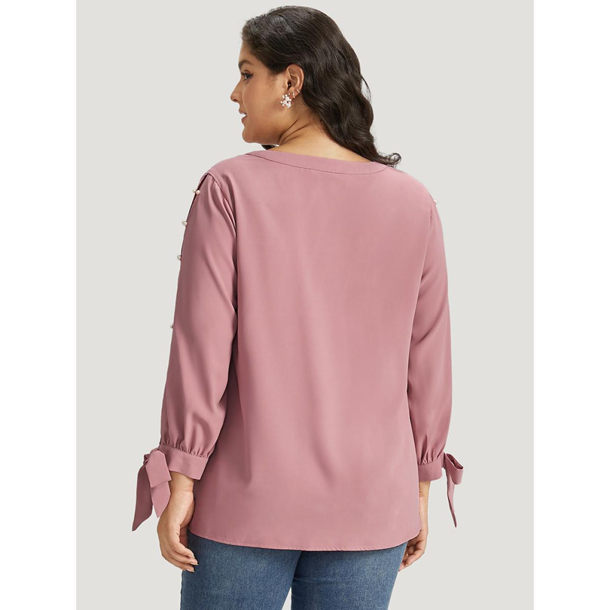Plus Size DustyPink Plain Pleated Ties Beaded Notched Blouse Women Elegant Long Sleeve Notched collar Dailywear Blouses BloomChic 14-16/1X Product Image