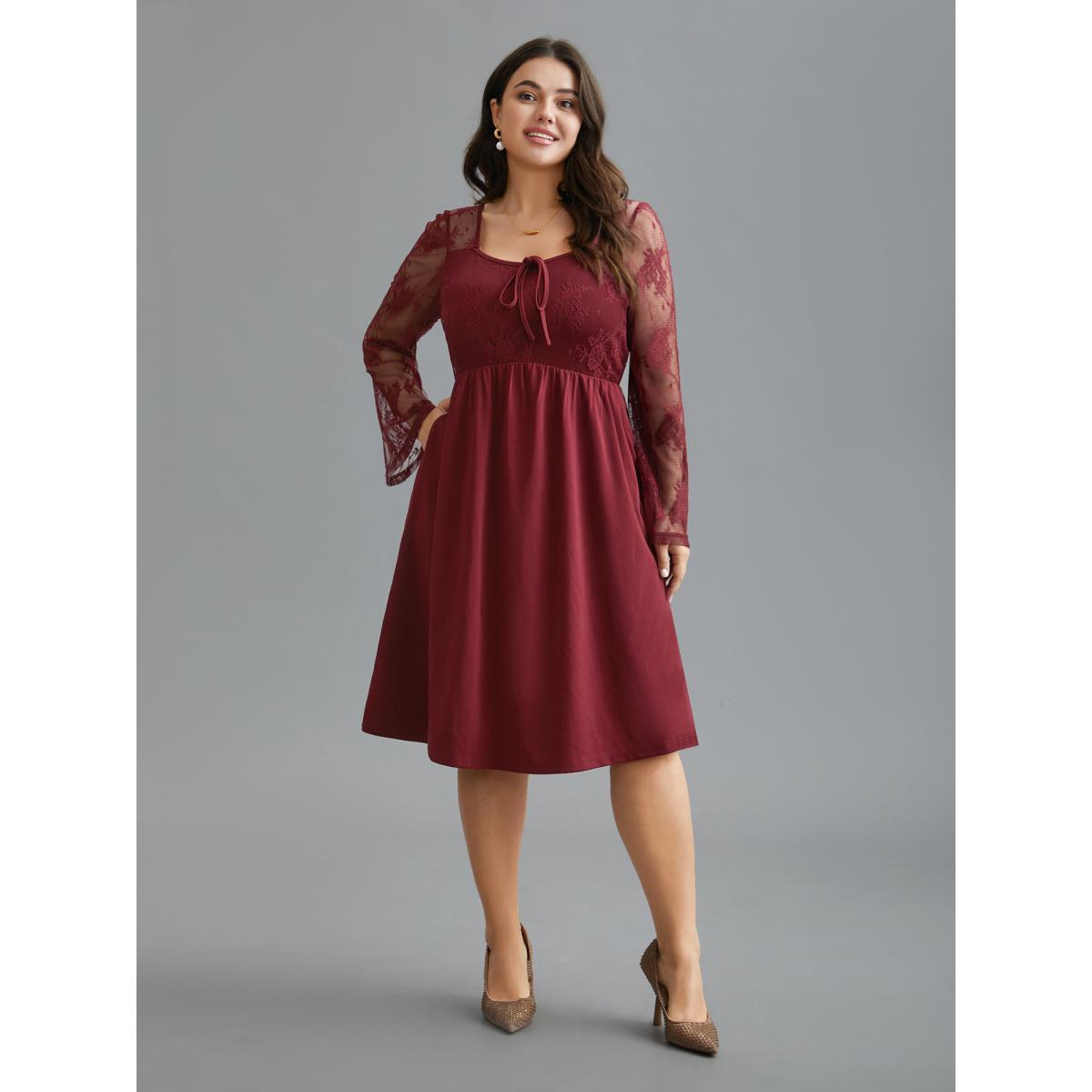 Plus Size Crochet Lace Mesh Bell Sleeve Dress Scarlet Women Elegant Woven ribbon&lace trim Heart neckline Long Sleeve Curvy BloomChic 22-24/3X Product Image