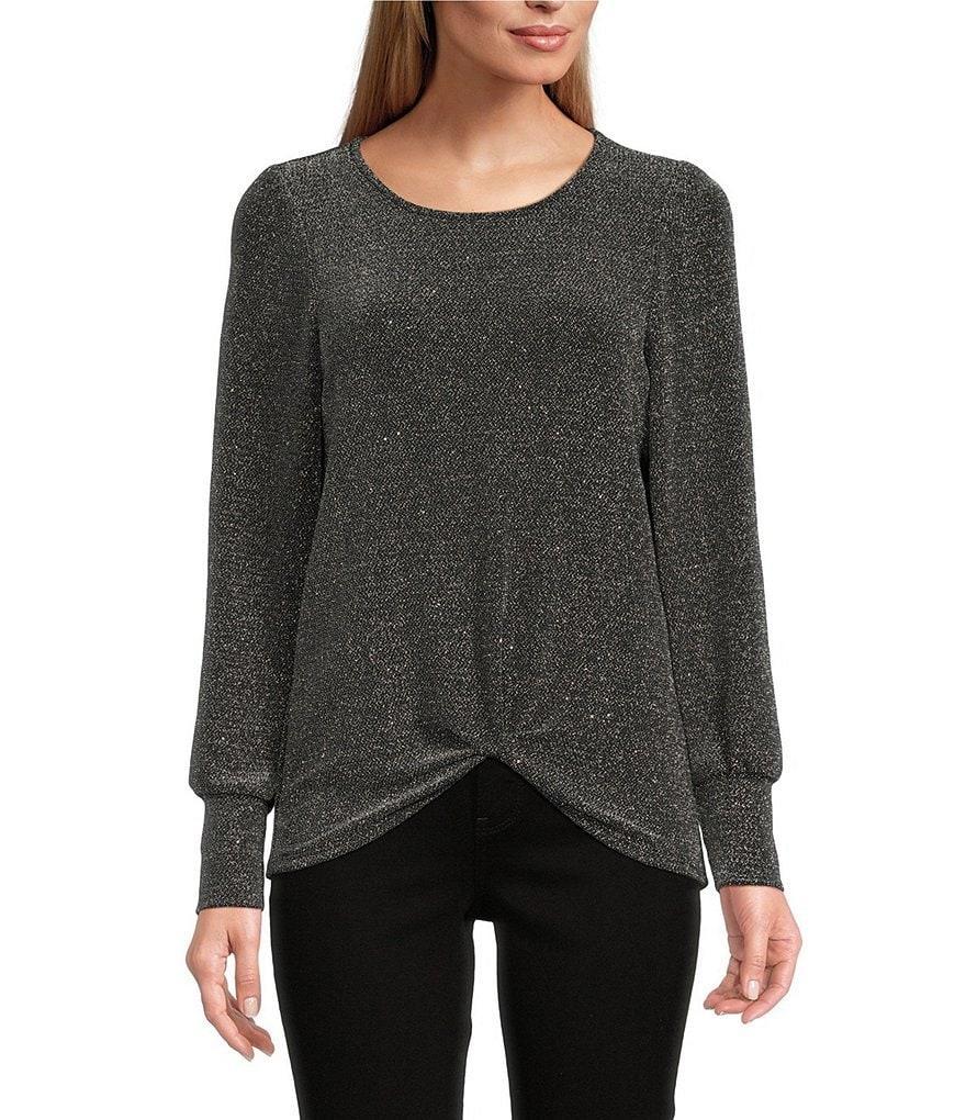 Leo & Nicole Solid Lurex Crew Neck Long Sleeve Front Gathered Knot Hem Top Product Image