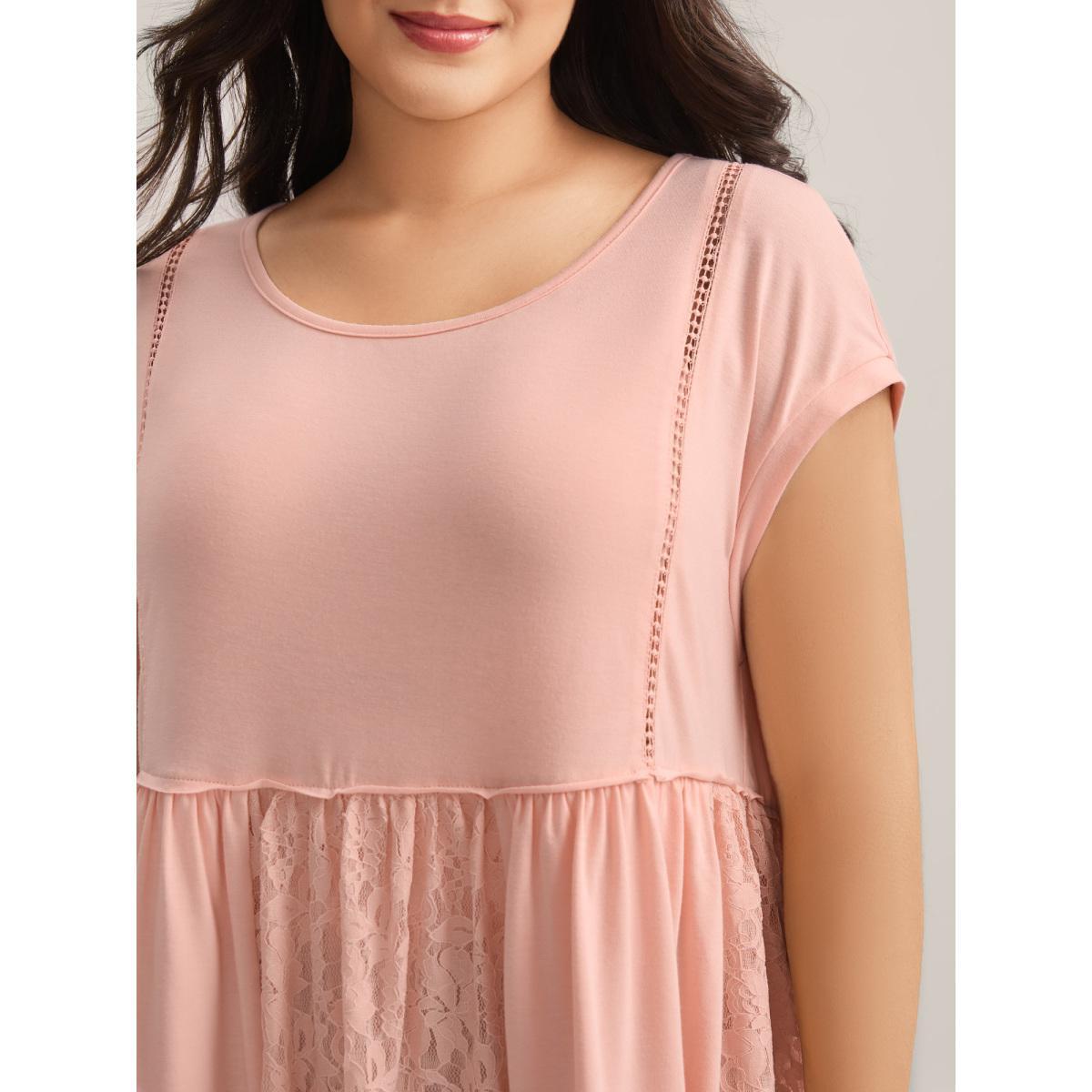 Plus Size Lace Trim Spliced Solid T-Shirt Nudepink Women Woven ribbon&lace trim Round Neck Everyday-Casual T-shirts BloomChic 30/6X Product Image