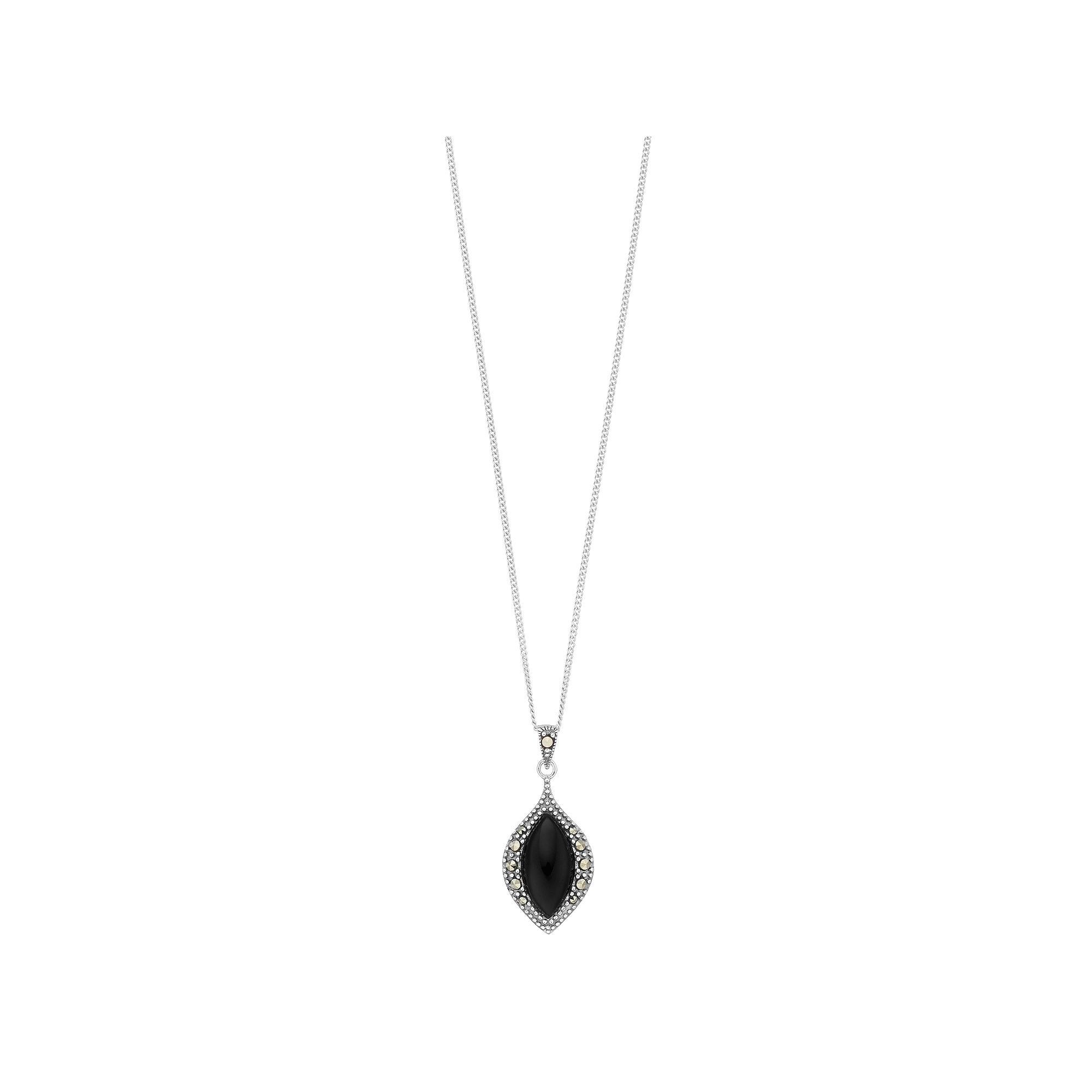 Tori Hill Sterling Silver Onyx & Marcasite Marquise Pendant, Women's, Size: 18" Product Image