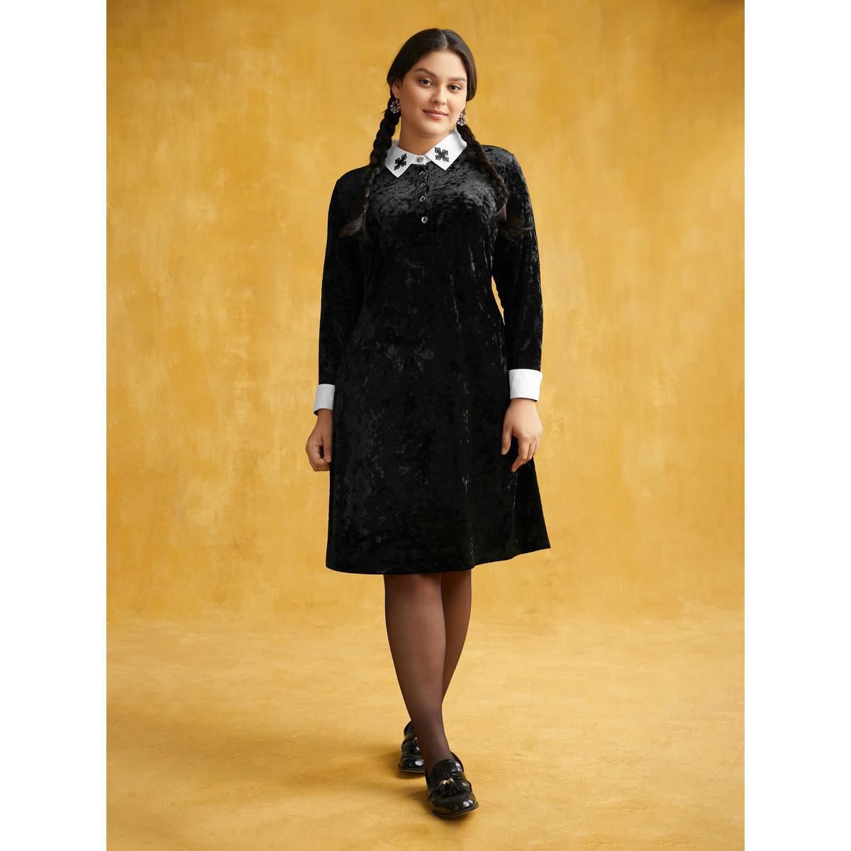 Plus Size Stretch Velvet Collared Midi Dress Black Women Cocktail Texture Party Curvy Bloomchic 14-16/1X Product Image
