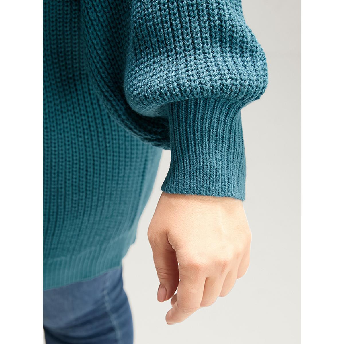 Plus Size Solid Pointelle Knit Lantern Sleeve Cold Shoulder Knit Top Aegean Women Casual Loose Long Sleeve Cold Shoulder Everyday Pullovers BloomChic 22-24/3X Product Image