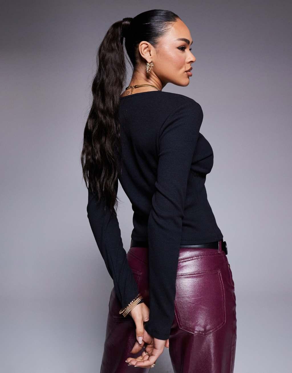 ASOS DESIGN plunge lace trim long sleeve top in black Product Image