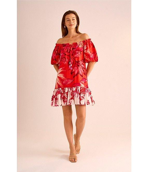 Vince Camuto Woven Floral Print Off-The-Shoulder 3/4 Sleeve Beaded Tiered Shift Dress Product Image